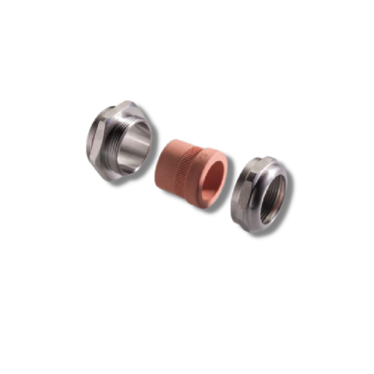 The image shows a disassembled cable gland, specifically the PFLITSCH UNI Dicht cable gland. It consists of a gland body and a sealing insert, which can be customized for various cable diameters and other application requirements. These glands are used to protect cables and ensure a secure connection. 