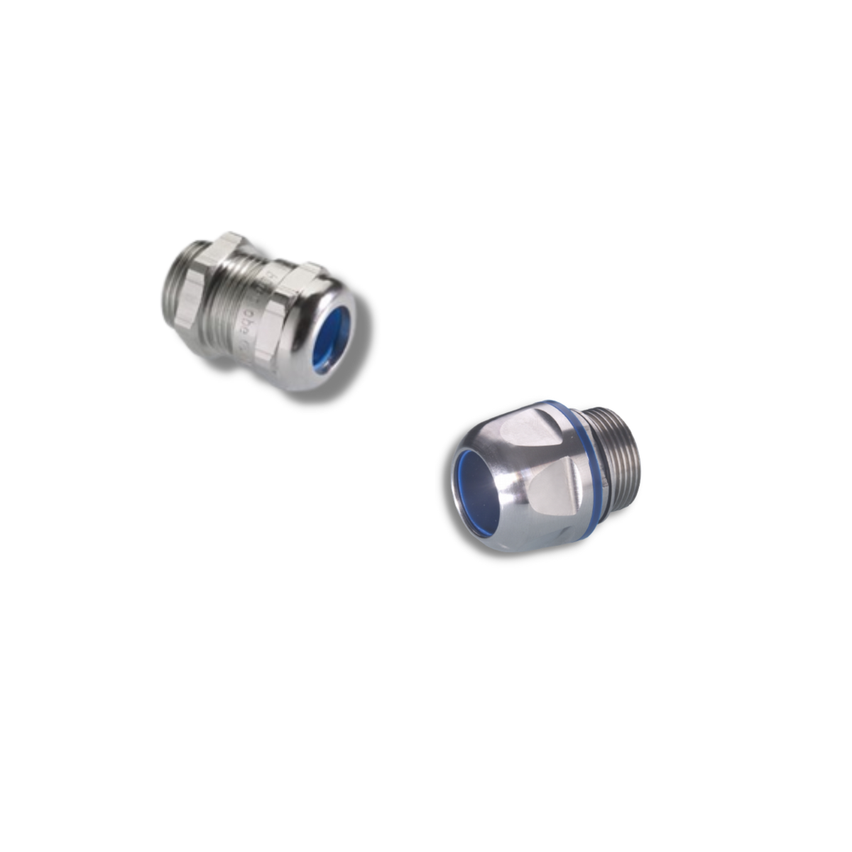 The image shows a PFLITSCH Blueglobe TRI Cable Gland, a specialised fitting used to secure cables to electrical equipment, offering superior EMI shielding and environmental protection. It is used for attaching cable conduits or plugging them into an enclosure.