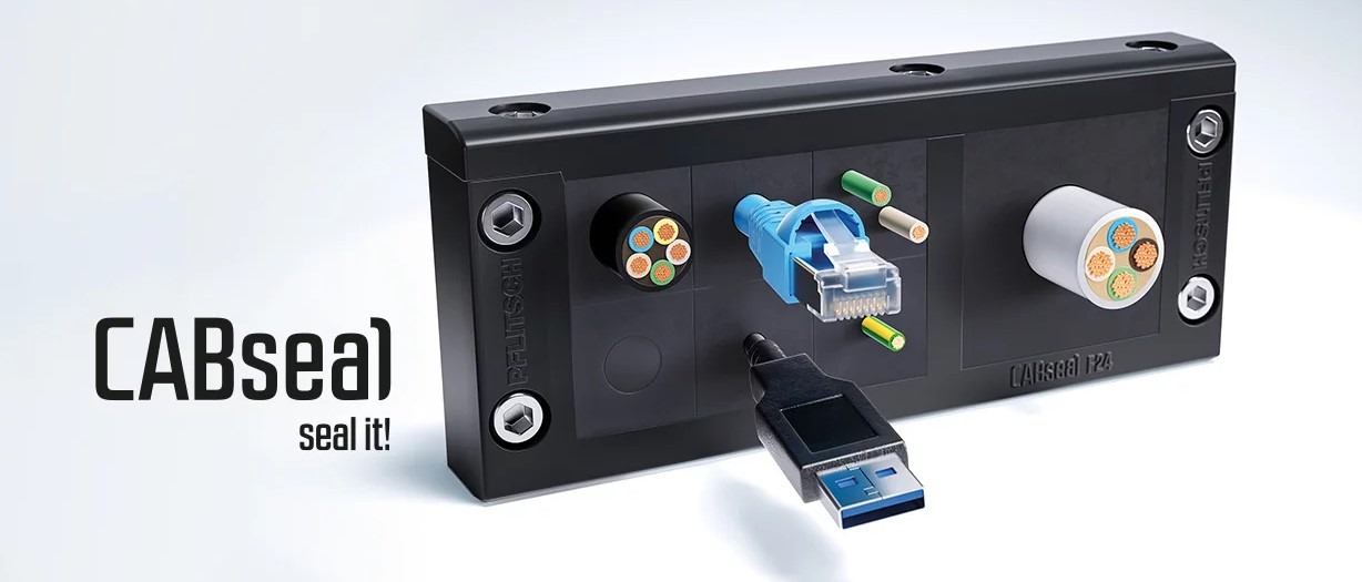 The image shows a PFLITSCH CABseal, which is a divisible cable entry system designed for feeding pre-assembled and non-assembled cables, as well as pneumatic and hydraulic lines, into control cabinets, enclosures, and machines. It allows for the installation and re-installation of cables without dismantling them.