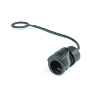 Black dust cap pro-cap with lanyard for Click Connect Series connectors.